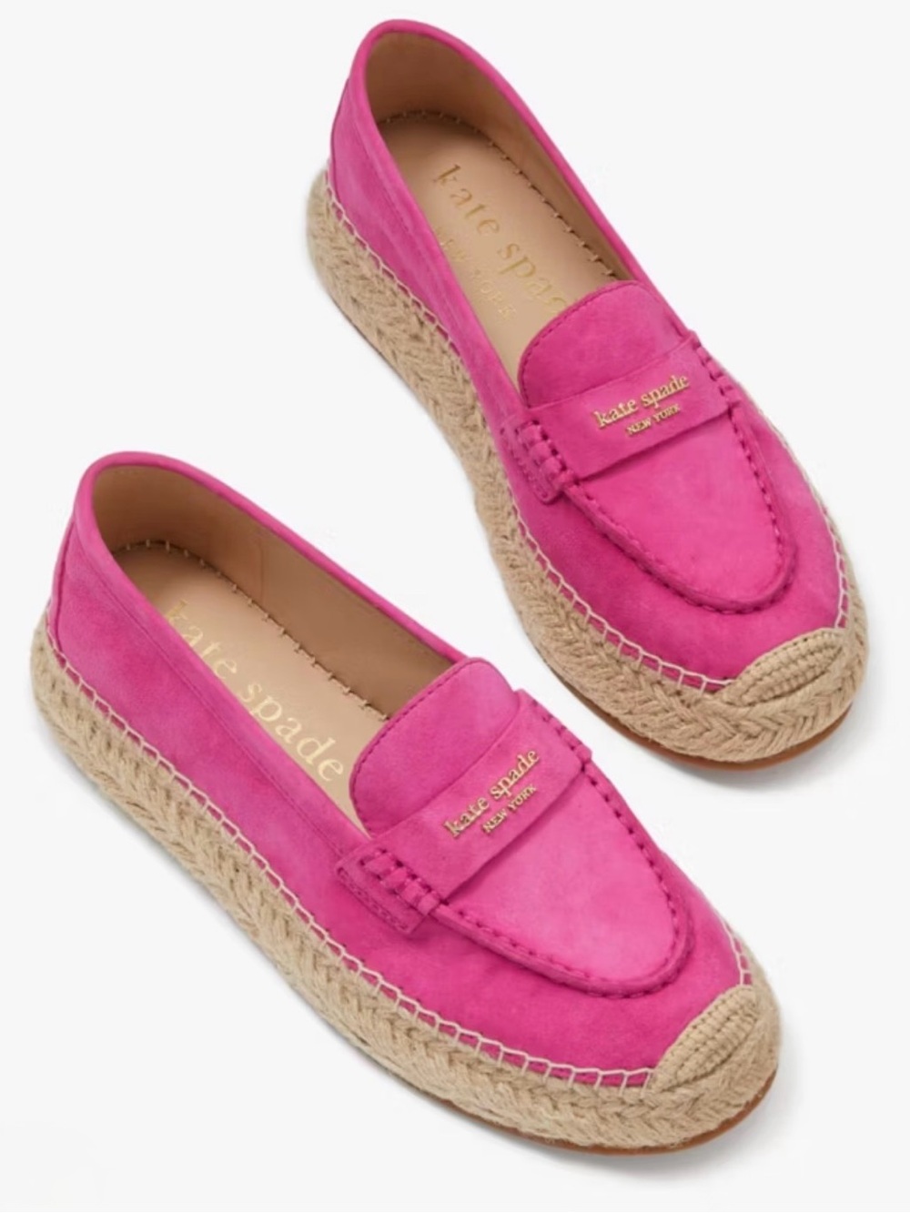 kate spade Pink Suede Espadrille Loafers with Gold Logo